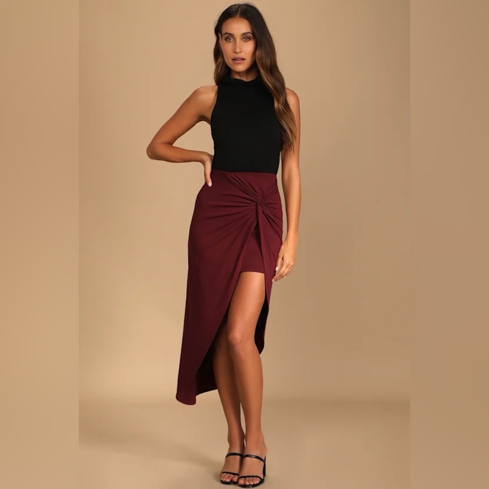 Lulus Burgundy Twist-Front High-Low Midi Skirt